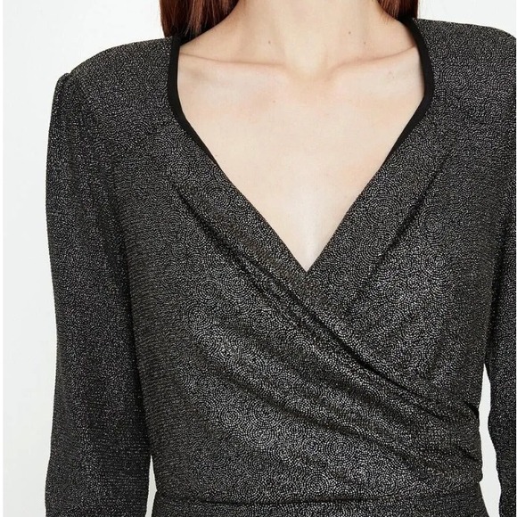 NEW KOTON‎ Shimmer Mini Dress Long Sleeve Party Cocktail Bodycon Black Silver M - Picture 4 of 9
